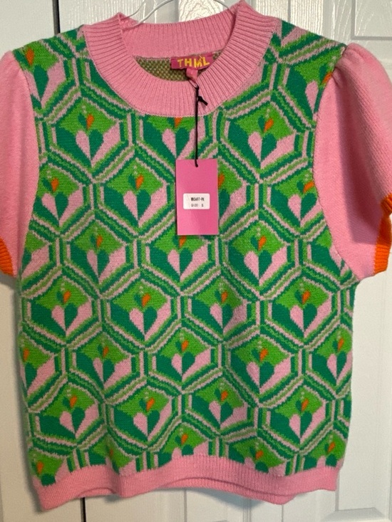 THML Sweaters - THML Pink, Green & Orange Geometric Knit Short-Sleeve Sweater